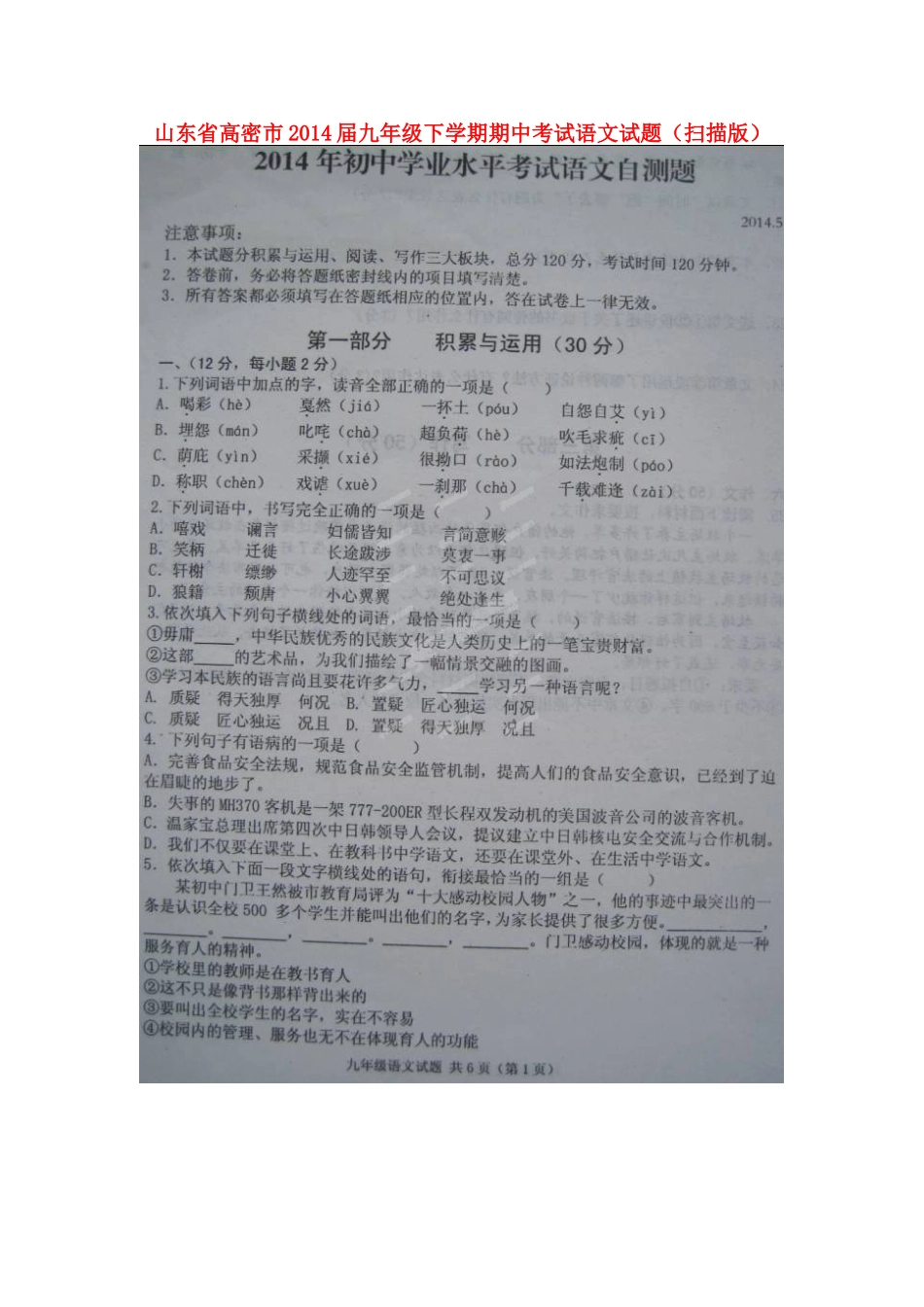 山东省高密市九年级语文下学期期中试卷试卷_第1页