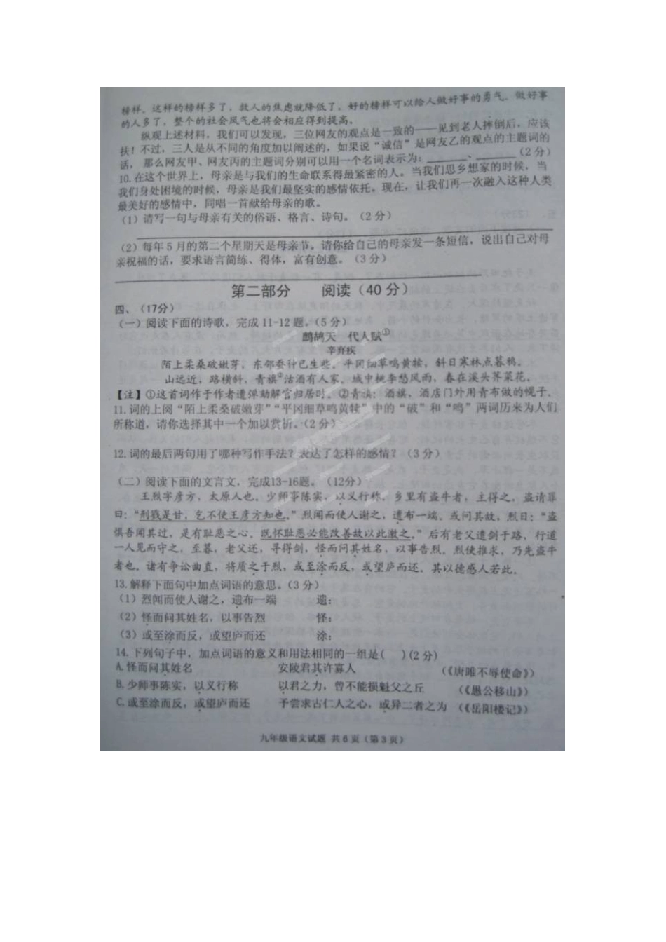 山东省高密市九年级语文下学期期中试卷试卷_第3页