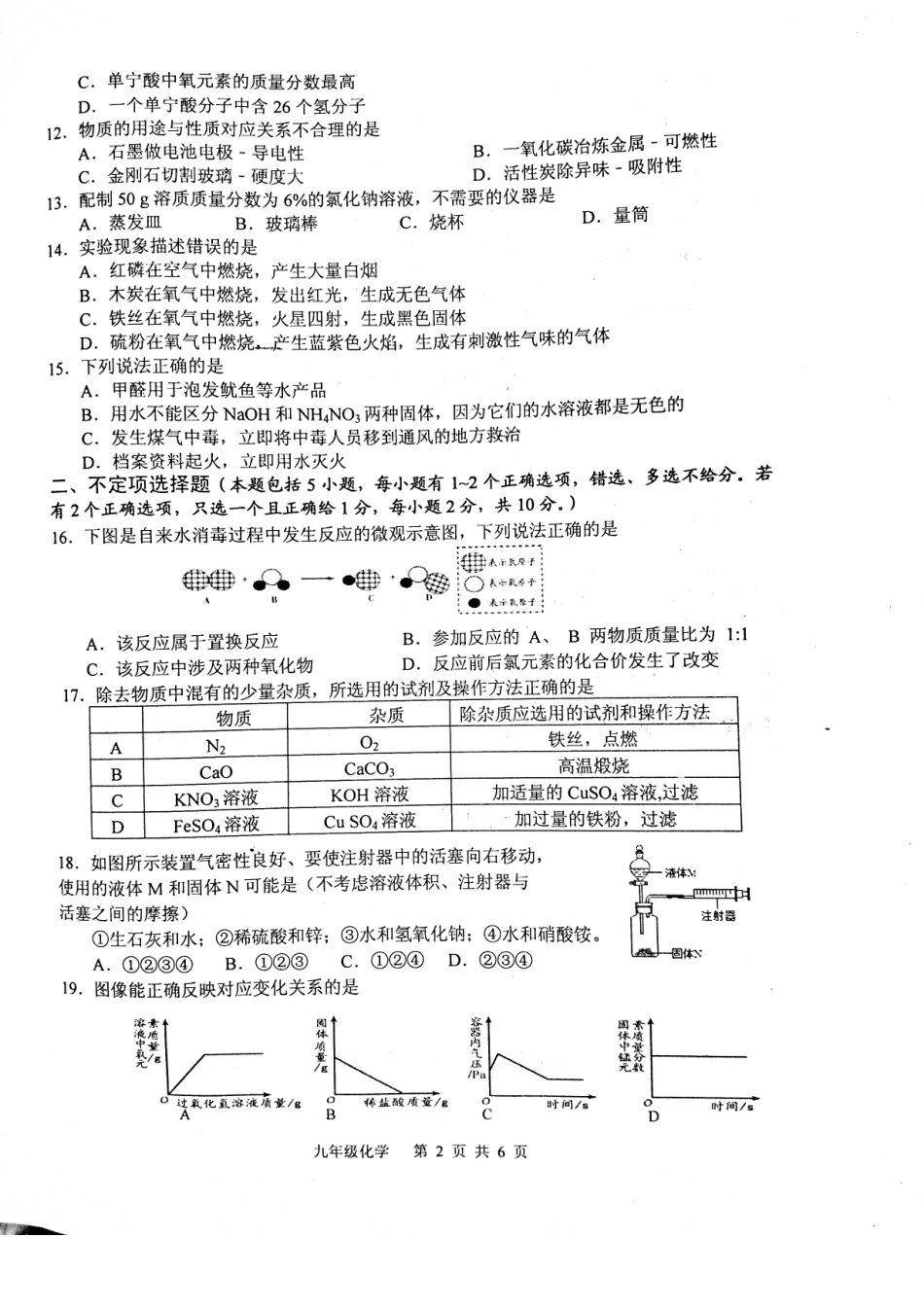 九年级化学二模试卷(pdf，无答案)试卷_第2页