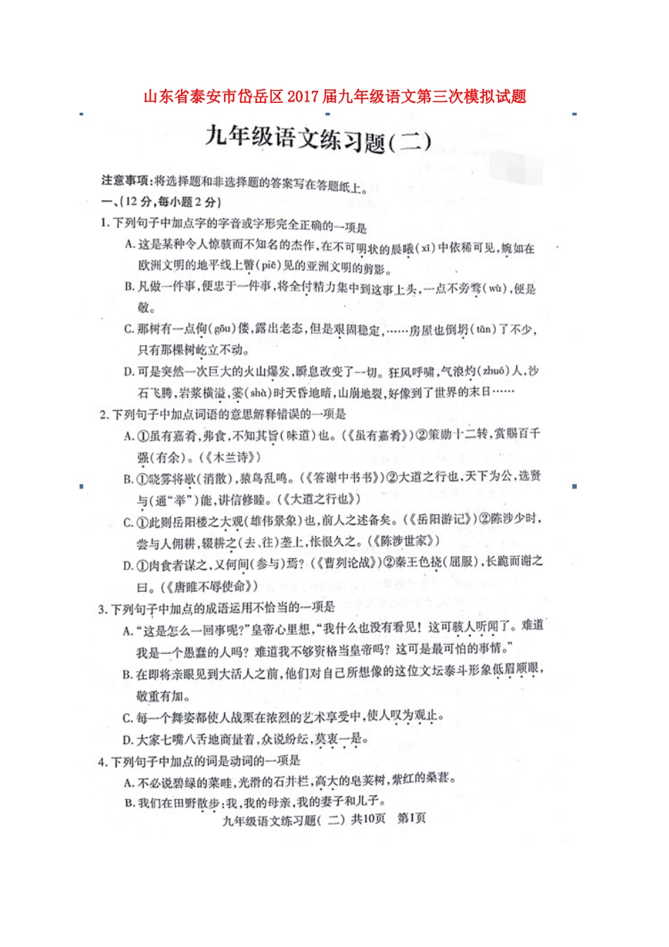 山东省泰安市岱岳区九年级语文第三次模拟试卷试卷_第1页