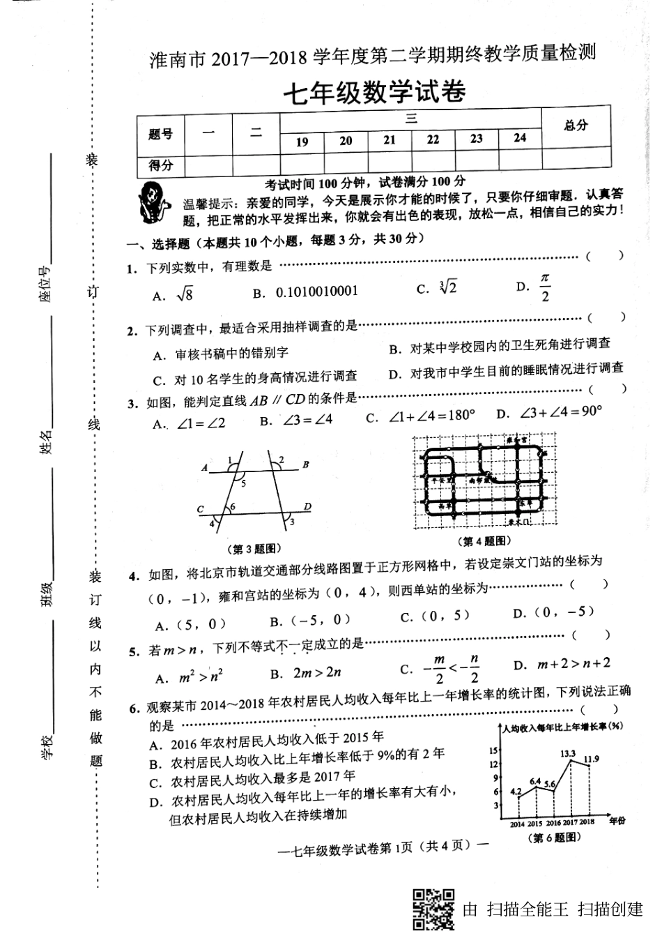 安徽省淮南市七年级数学下学期期末试卷(pdf) 新人教版 安徽省淮南市七年级数学下学期期末试卷(pdf) 新人教版_第1页
