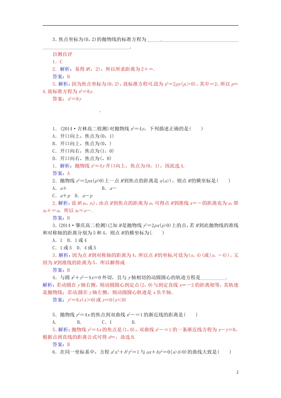 高中数学 2.4.1抛物线及其标准方程练习 新人教A版选修2-1-新人教A版高二选修2-1数学试题_第2页