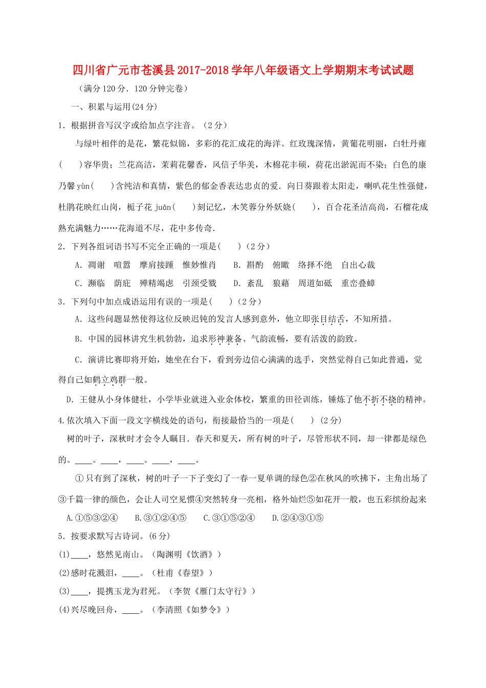 四川省广元市苍溪县 八年级语文上学期期末考试试卷 新人教版试卷_第1页