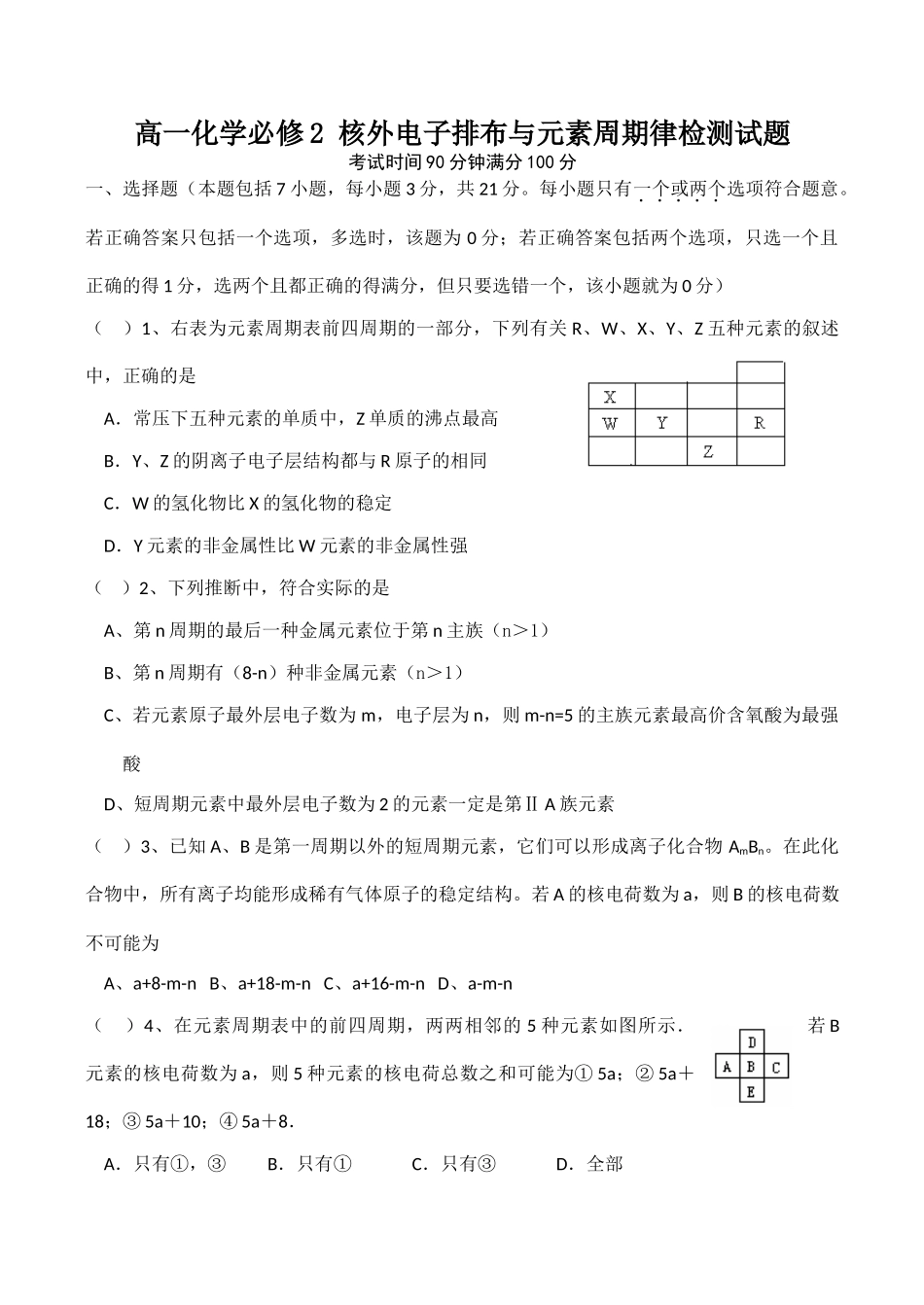 高一化学必修2 核外电子排布与元素周期律检测试题_第1页