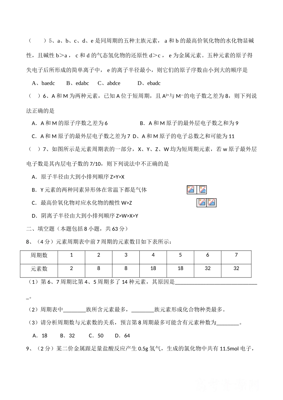 高一化学必修2 核外电子排布与元素周期律检测试题_第2页