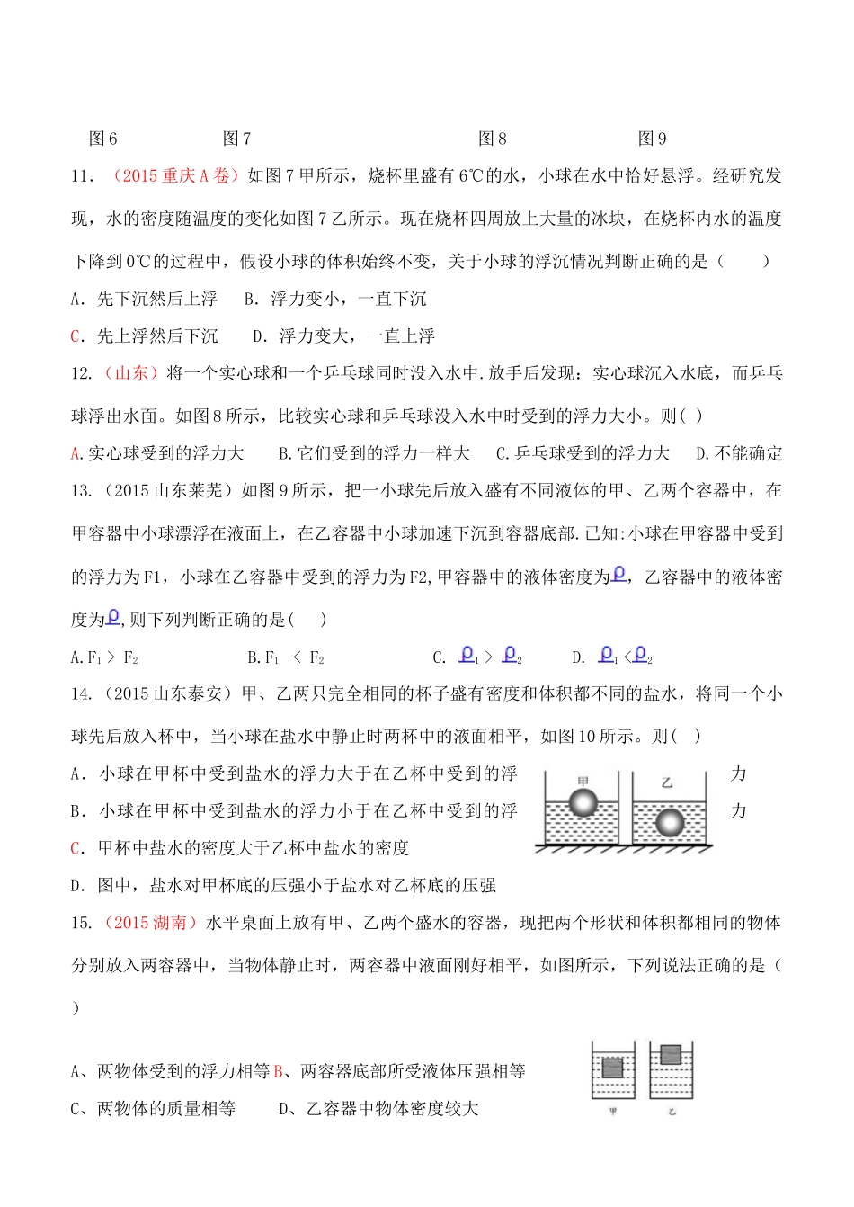 九年级物理一轮专题复习 浮力实验试卷_第3页