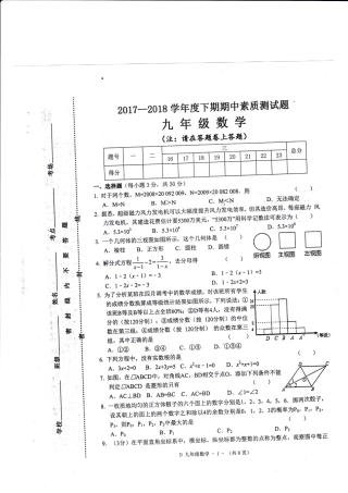 九年级数学下学期期中素质测试试卷(pdf) 河南省驻马店市泌阳县九年级数学下学期期中素质测试试卷(pdf)