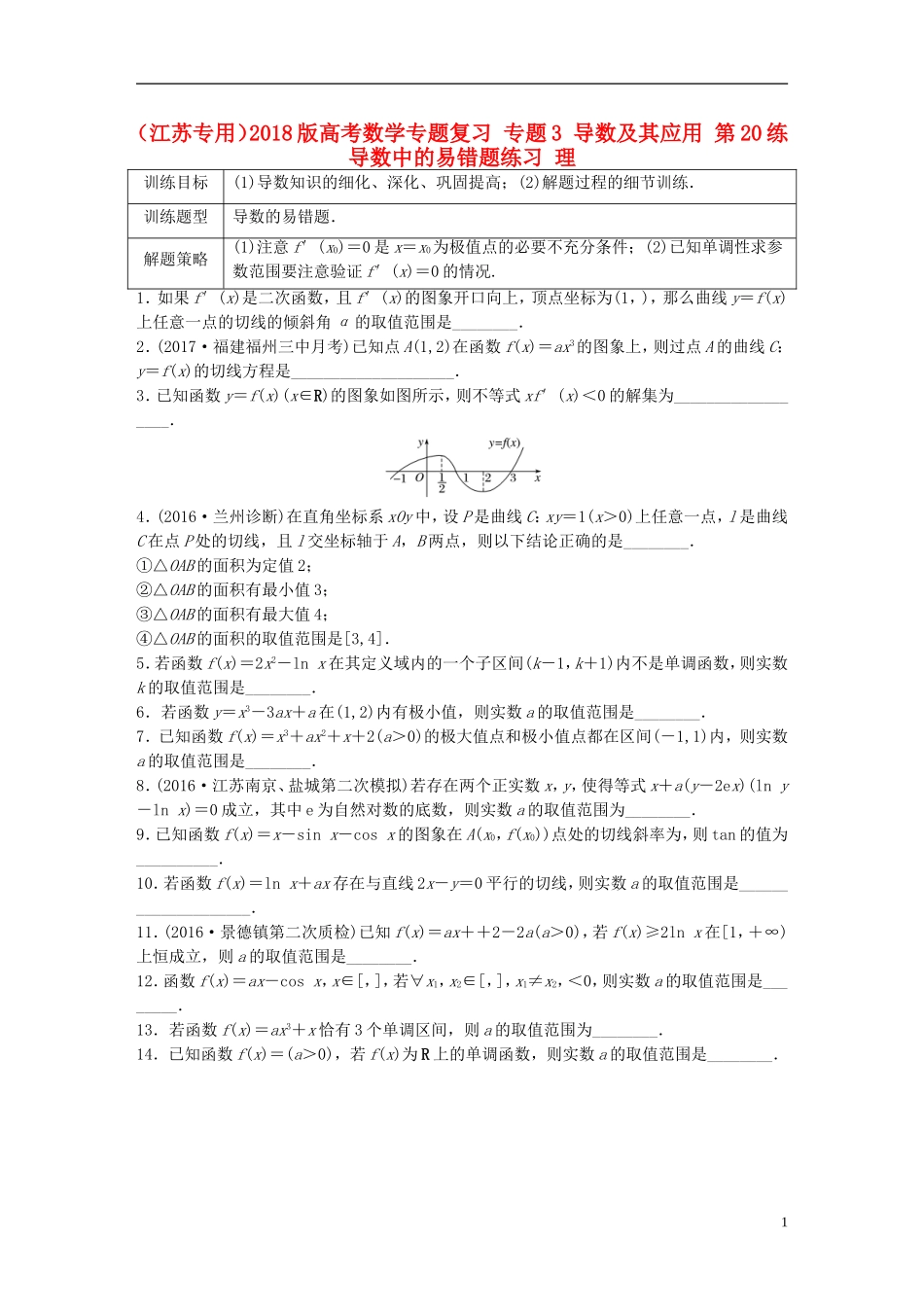 （江苏专用）高考数学专题复习 专题3 导数及其应用 第20练 导数中的易错题练习 理-人教版高三全册数学试题_第1页