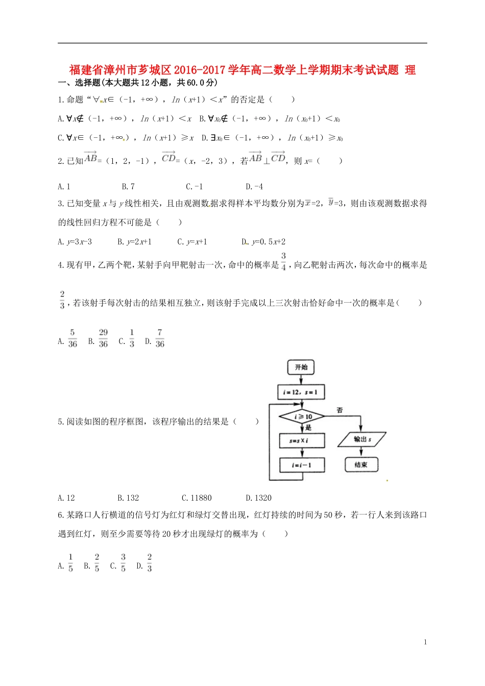 福建省漳州市芗城区高二数学上学期期末考试试题 理-人教版高二全册数学试题_第1页