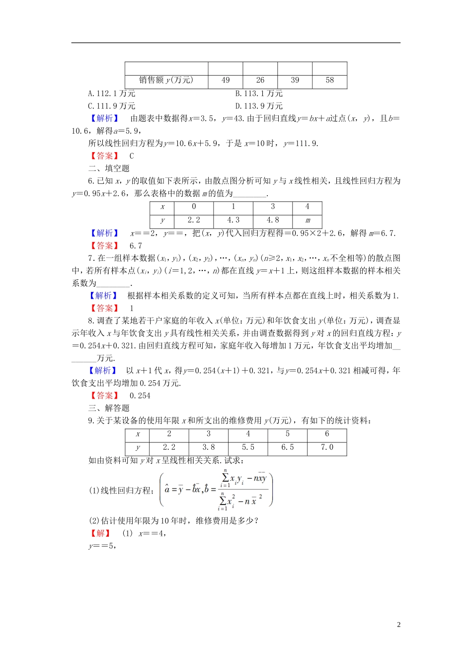 高中数学 第一章 统计案例 1.2 回归分析学业分层测评 新人教B版选修1-2-新人教B版高二选修1-2数学试题_第2页