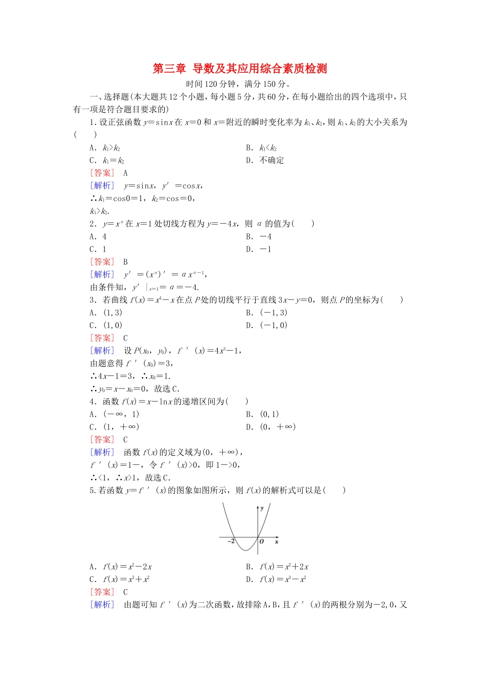 高中数学 第三章 导数及其应用综合素质检测 新人教A版选修1-1-新人教A版高二选修1-1数学试题_第1页