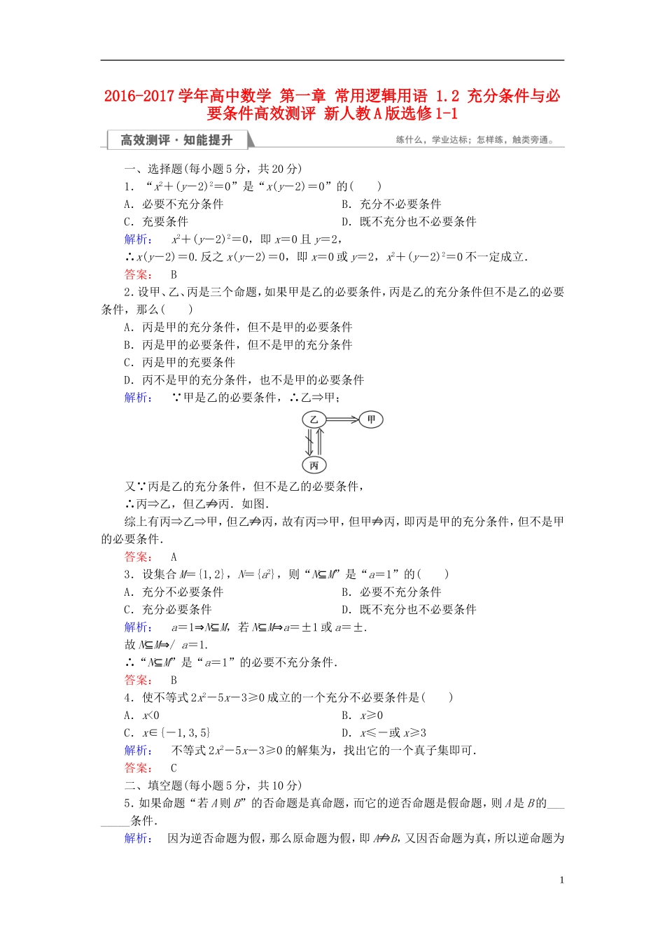 高中数学 第一章 常用逻辑用语 1.2 充分条件与必要条件高效测评 新人教A版选修1-1-新人教A版高二选修1-1数学试题_第1页