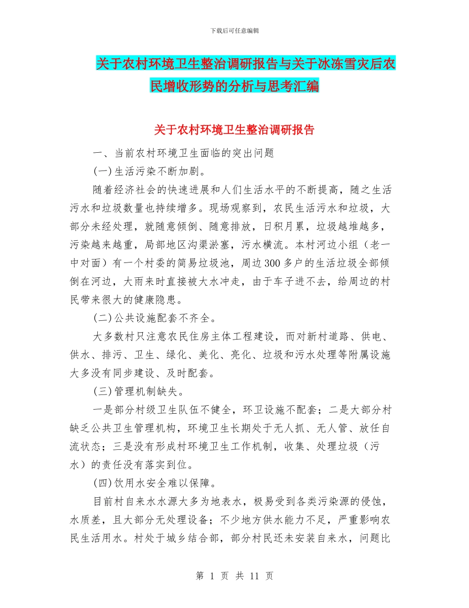 关于农村环境卫生整治调研报告与关于冰冻雪灾后农民增收形势的分析与思考汇编_第1页