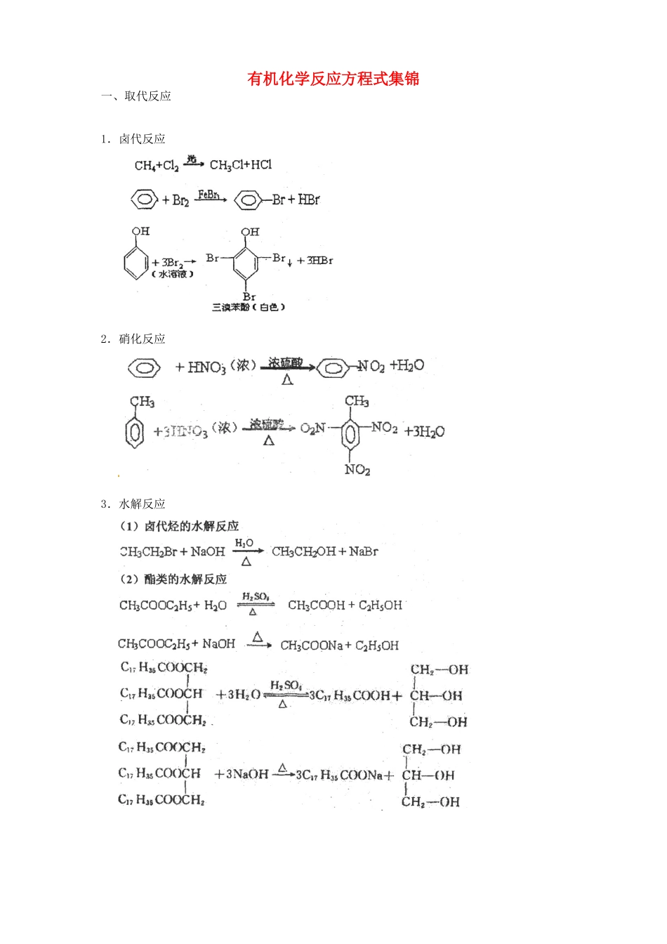 广东省河源市高考化学考前复习 有机化学反应方程式集锦-人教版高三全册化学试题_第1页