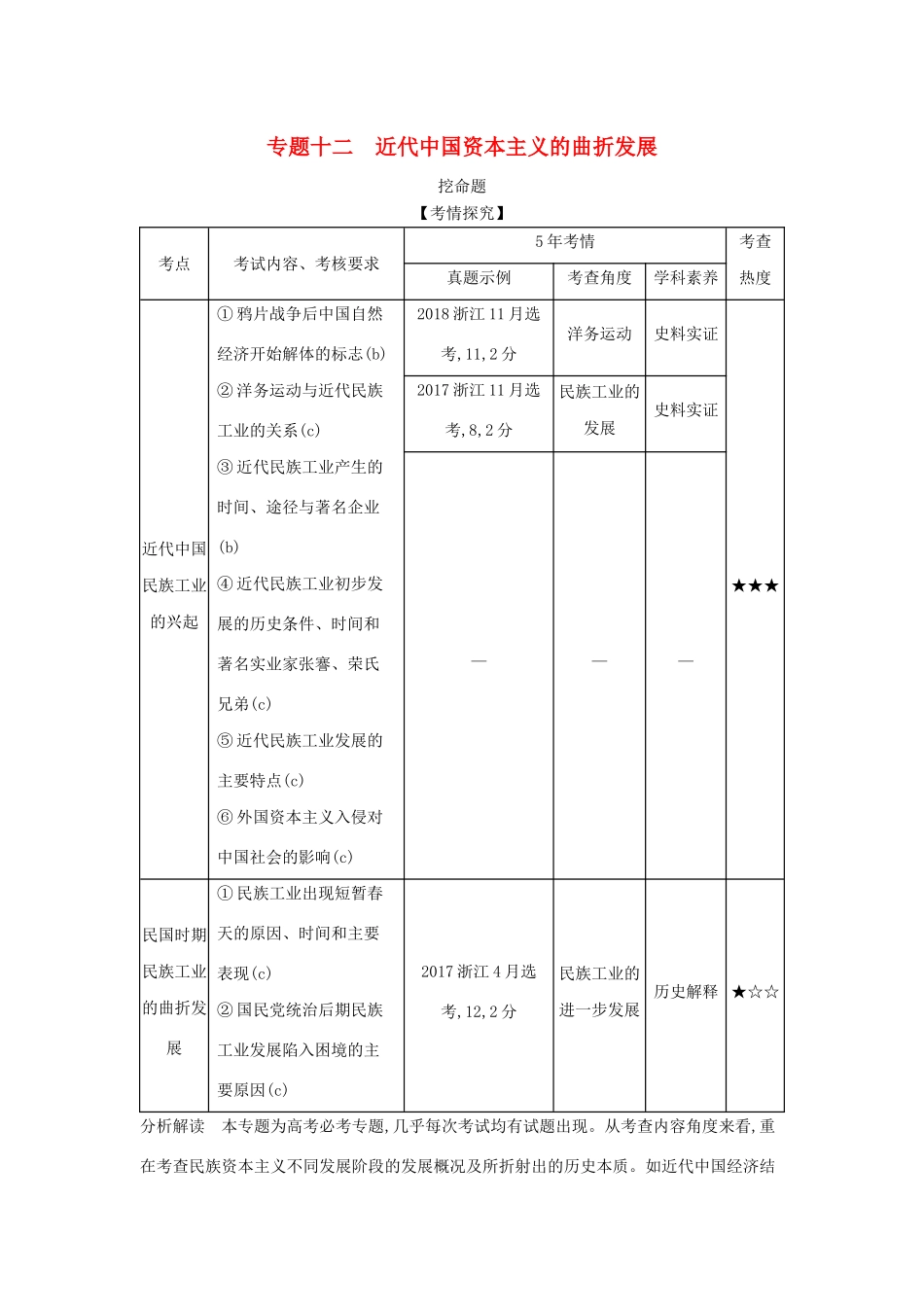 （浙江专版 ）高考历史一轮总复习 专题十二 近代中国资本主义的曲折发展教师用书（含解析）-人教版高三全册历史试题_第1页