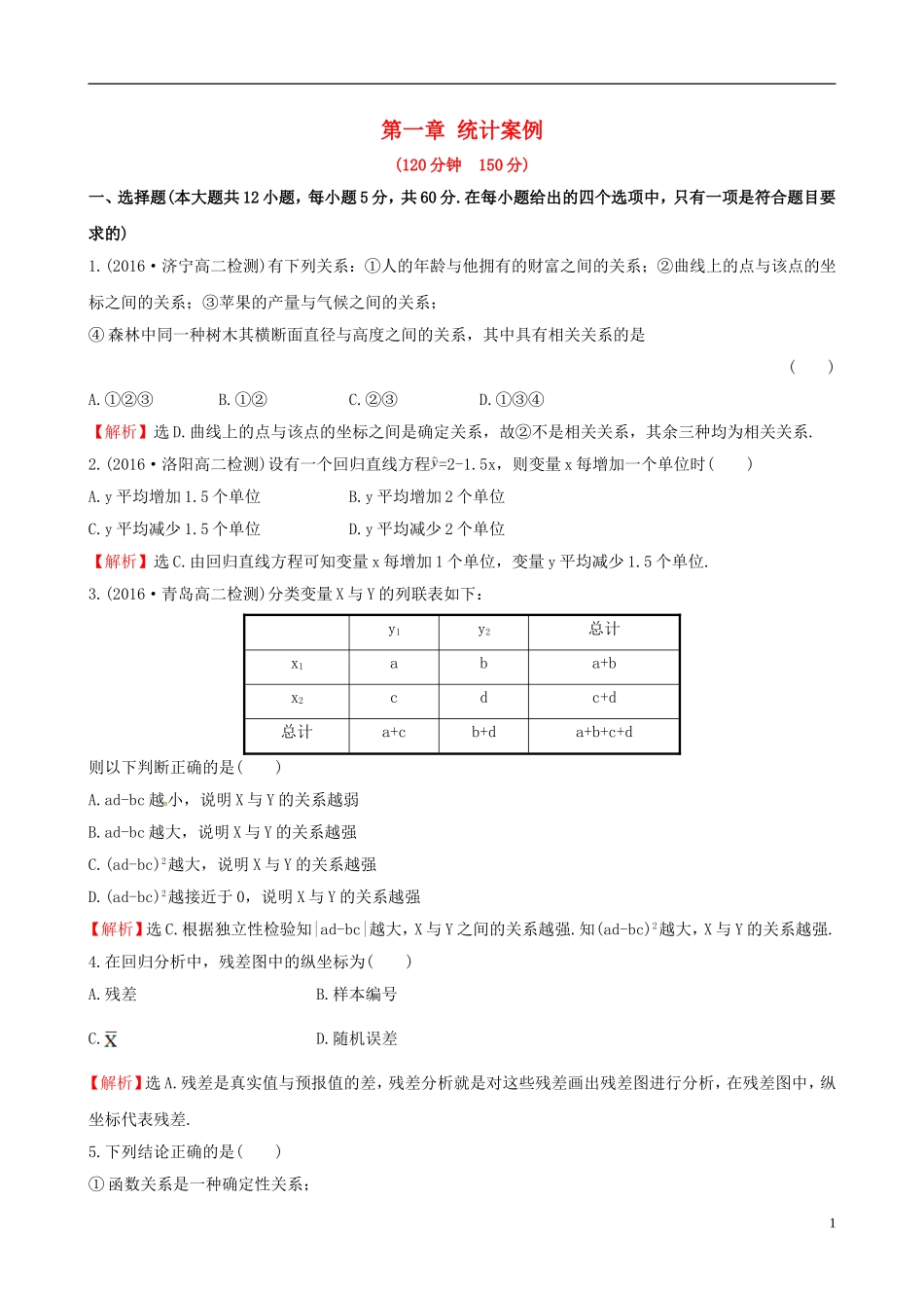 高中数学 第一章 统计案例单元质量评估 新人教A版选修1-2-新人教A版高二选修1-2数学试题_第1页