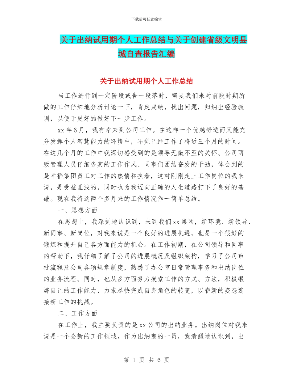 关于出纳试用期个人工作总结与关于创建省级文明县城自查报告汇编_第1页