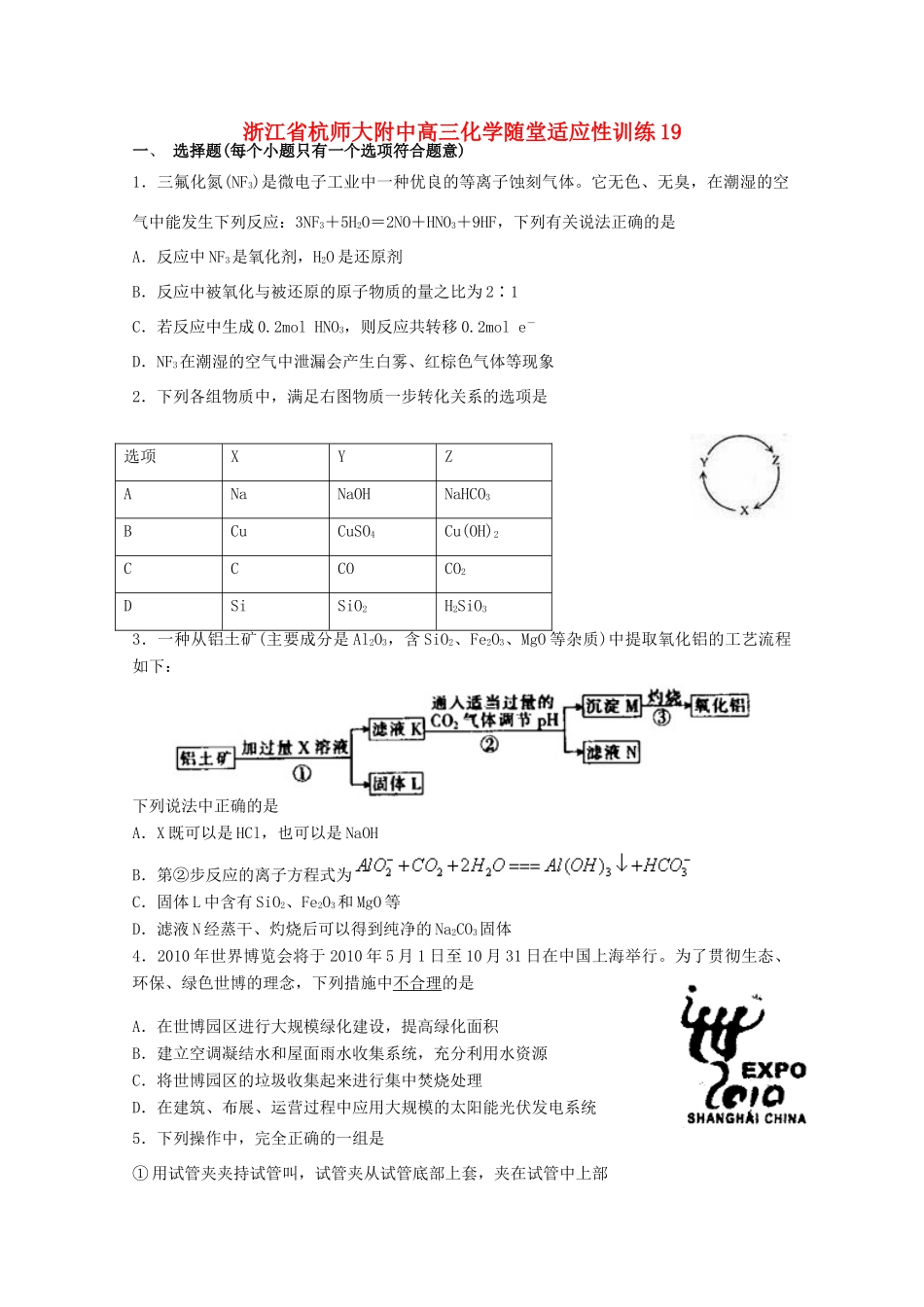浙江省杭师大附中高三化学随堂适应性训练19_第1页