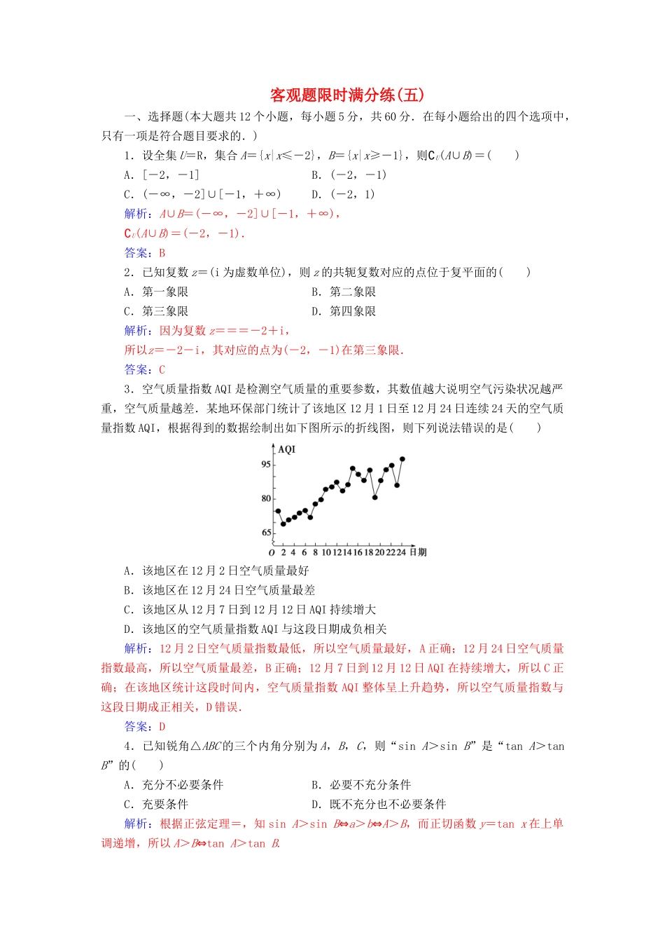 （广东专版）高考数学二轮复习 客观题限时满分练（五）文-人教版高三全册数学试题_第1页