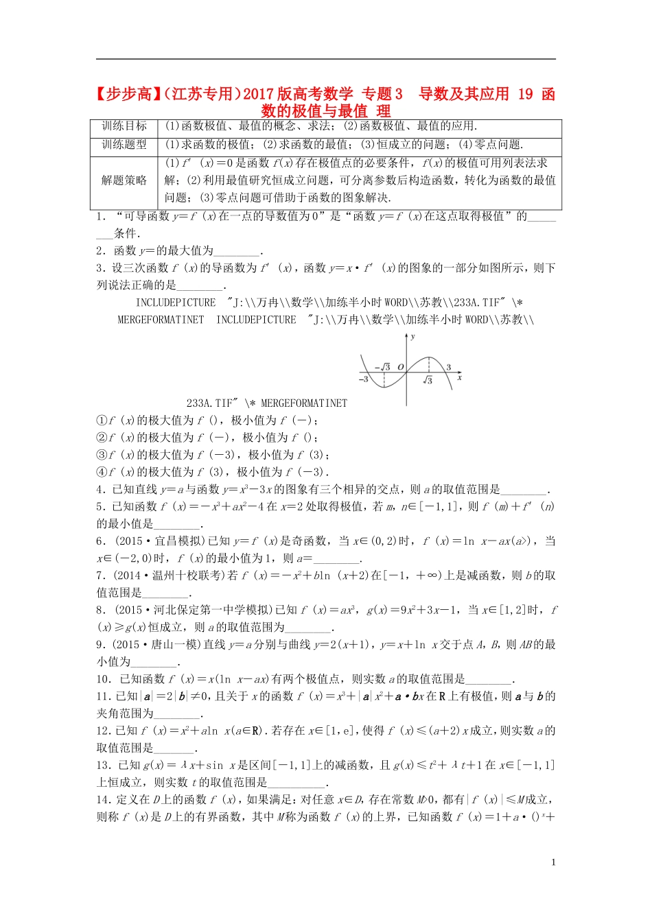 （江苏专用）高考数学 专题3  导数及其应用 19 函数的极值与最值 理-人教版高三全册数学试题_第1页