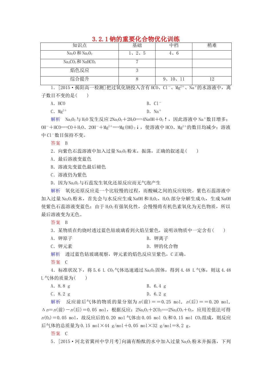 高中化学 3.2.1钠的重要化合物优化训练 新人教版必修1-新人教版高一必修1化学试题_第1页
