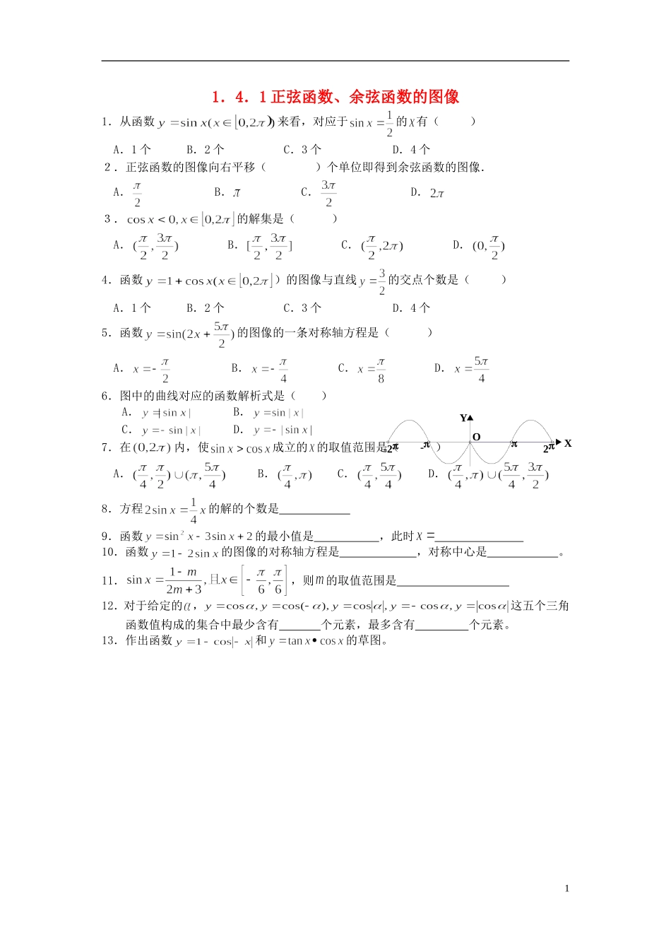 浙江省奉化中学高中数学 1.4.1正弦函数、余弦函数的图像课时作业 新人教A版必修4_第1页