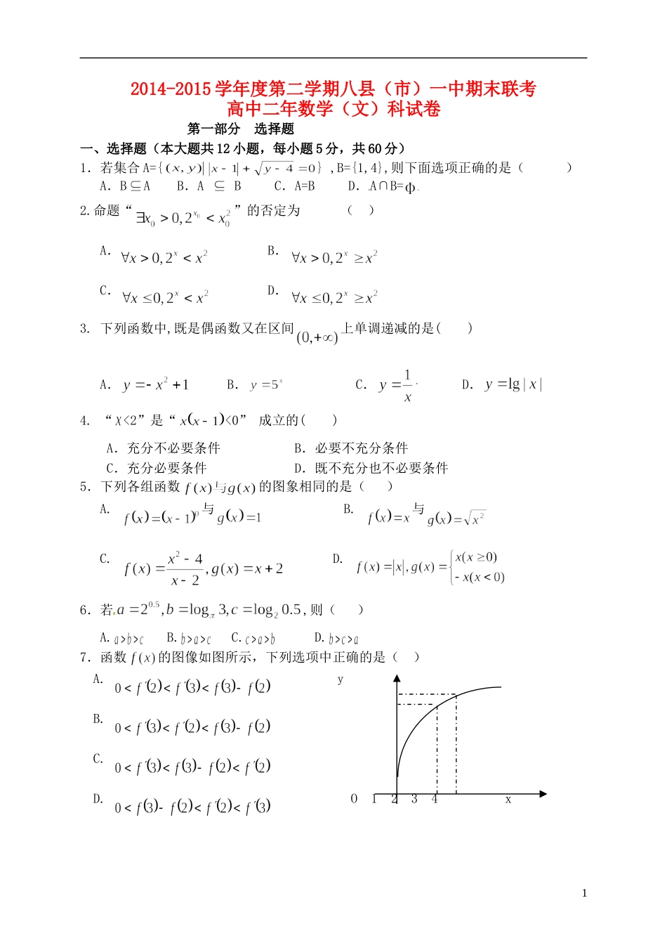 福建省福州市八县高二数学下学期期末考试试题 文-人教版高二全册数学试题_第1页