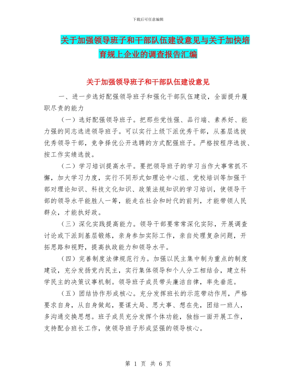 关于加强领导班子和干部队伍建设意见与关于加快培育规上企业的调查报告汇编_第1页
