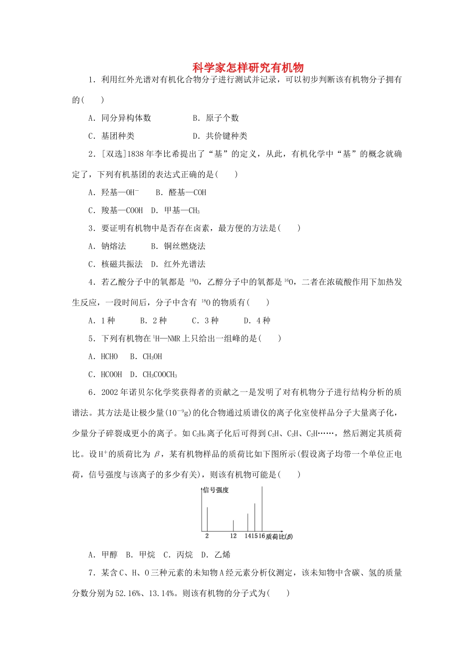 高中化学 课下能力提升（二）科学家怎样研究有机物（含解析）苏教版选修5-苏教版高二选修5化学试题_第1页