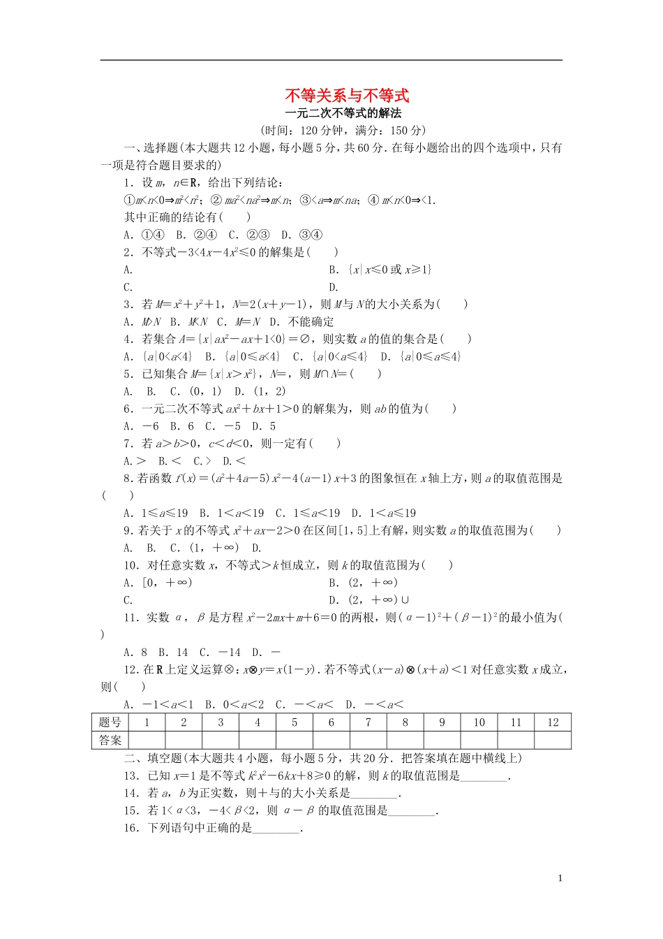 高中数学 第三章 不等式 3.1 不等关系与不等式 3.2 一元二次不等式的解法单元检测（含解析）新人教A版必修5-新人教A版高二必修5数学试题_第1页