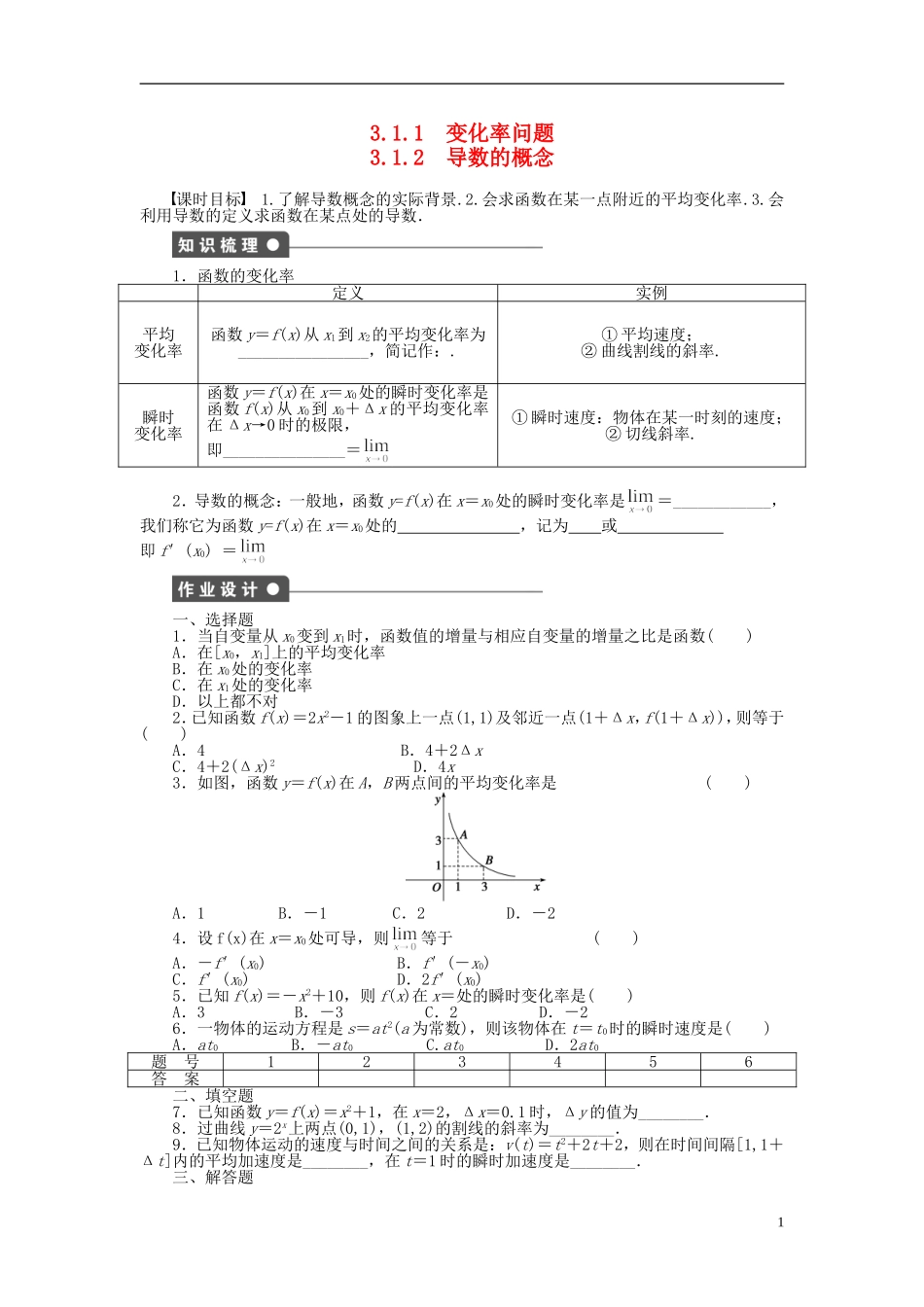 高中数学 3.1.1-3.1.2变化率问题 导数的概念课时作业 新人教A版选修1-1-新人教A版高二选修1-1数学试题_第1页