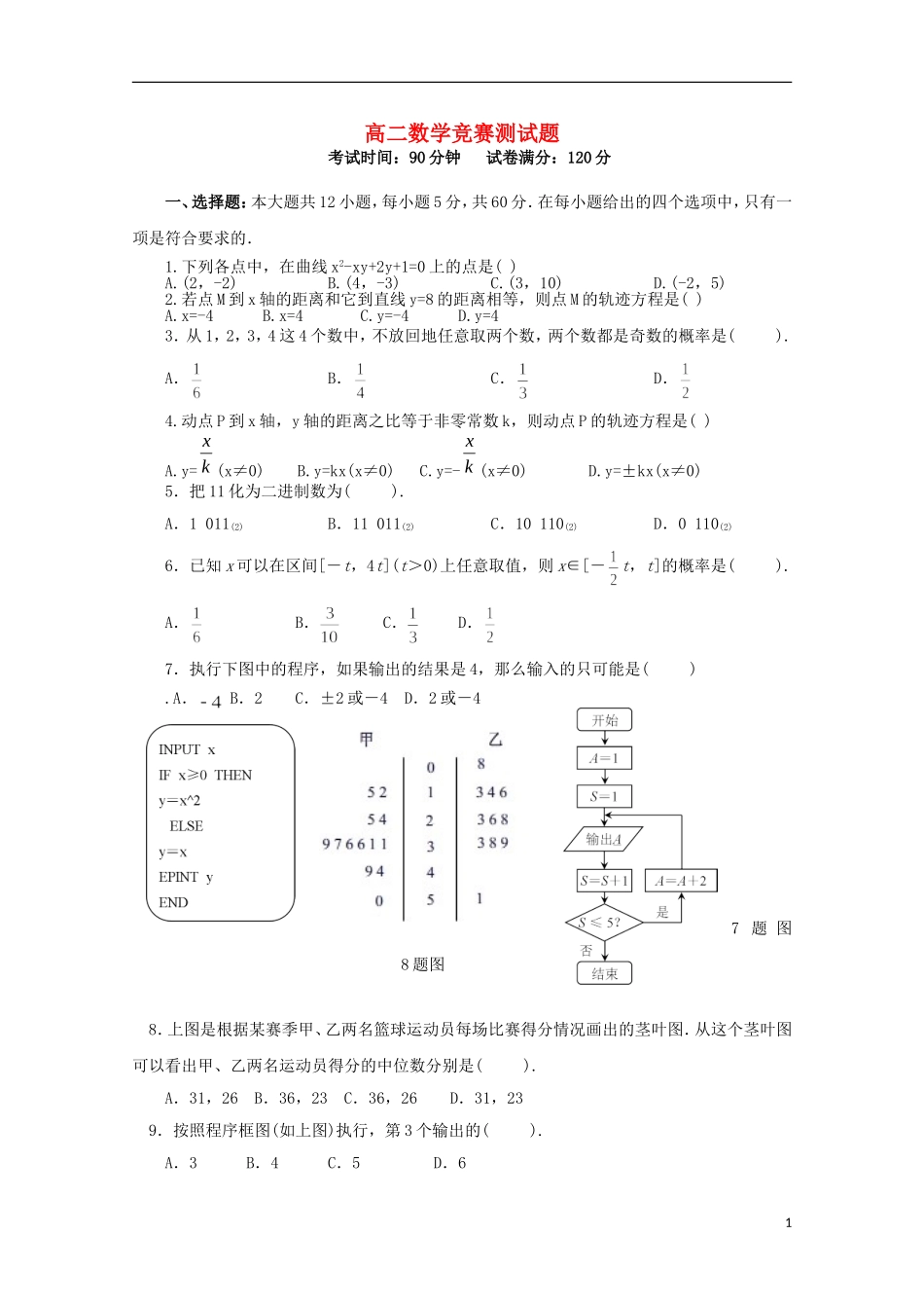 高二数学上学期竞赛试题-人教版高二全册数学试题_第1页