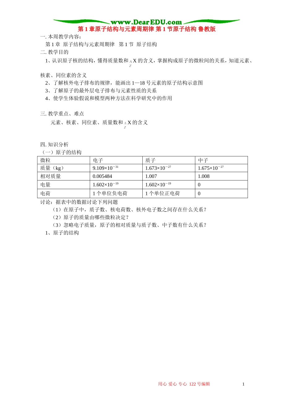 第1章原子结构与元素周期律 第1节原子结构 鲁教版_第1页