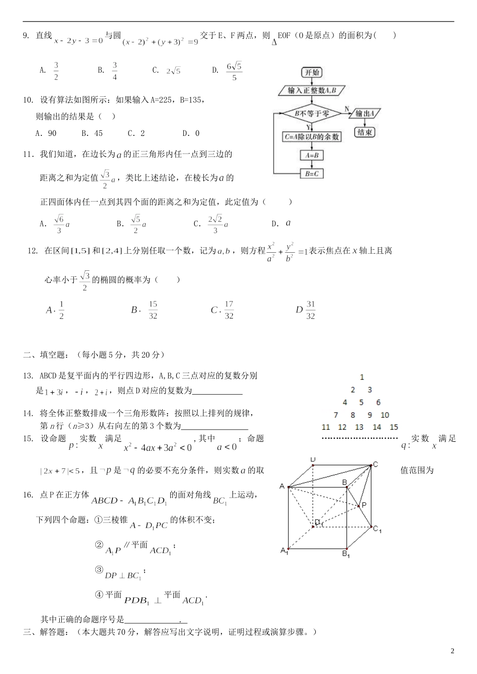 高二数学上学期期末考试试题 文-人教版高二全册数学试题_第2页
