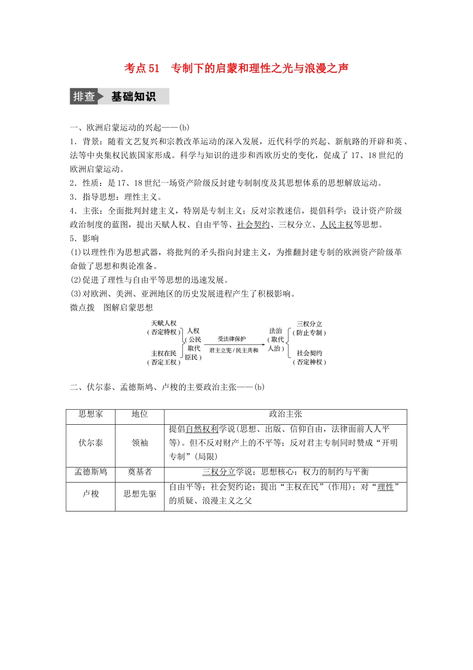 （浙江选考）高考历史总复习 专题18 西方人文精神的起源与发展 考点51 专制下的启蒙和理性之光与浪漫之声-人教版高三全册历史试题_第1页