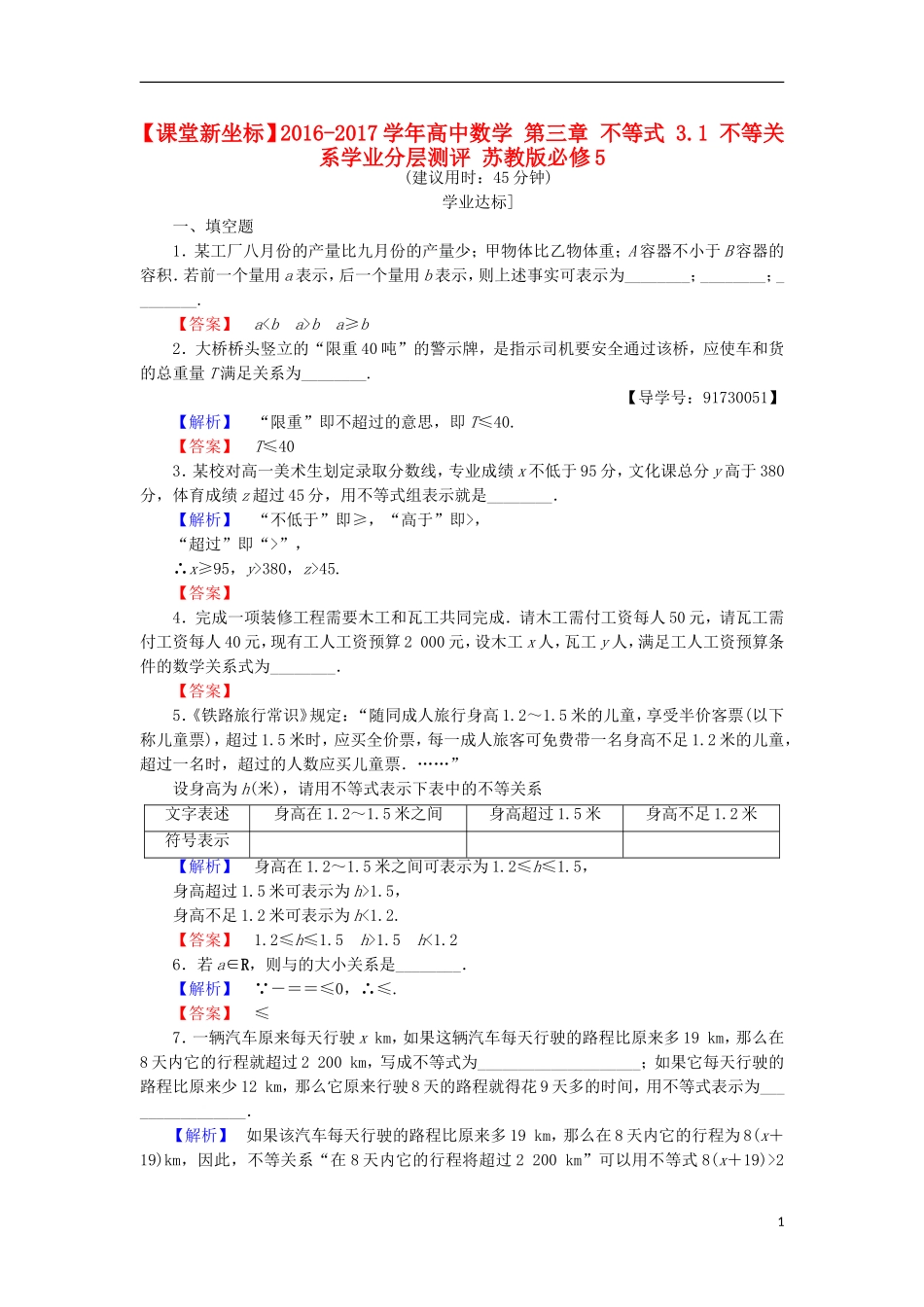 高中数学 第三章 不等式 3.1 不等关系学业分层测评 苏教版必修5-苏教版高二必修5数学试题_第1页