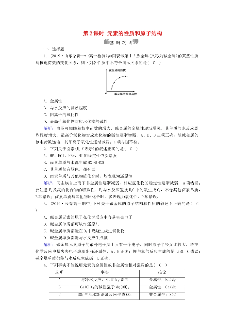 高中化学 第1章 物质结构 元素周期律 第1节 第2课时 元素的性质和原子结构同步作业（含解析）新人教版必修2-新人教版高一必修2化学试题_第1页