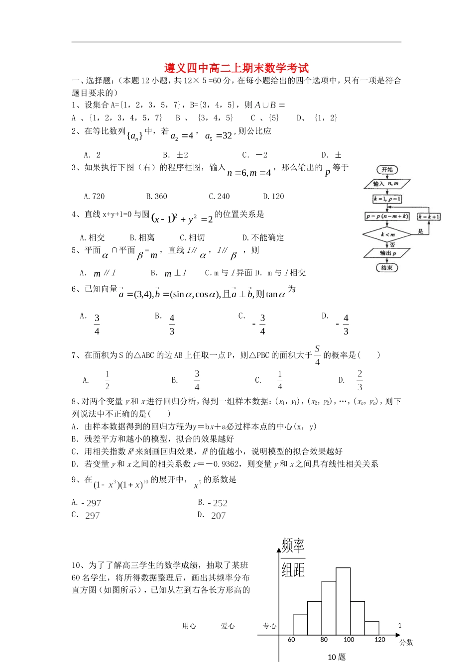 贵州省遵义四中11-12学年高二数学上学期期末检测试题 理【会员独享】_第1页