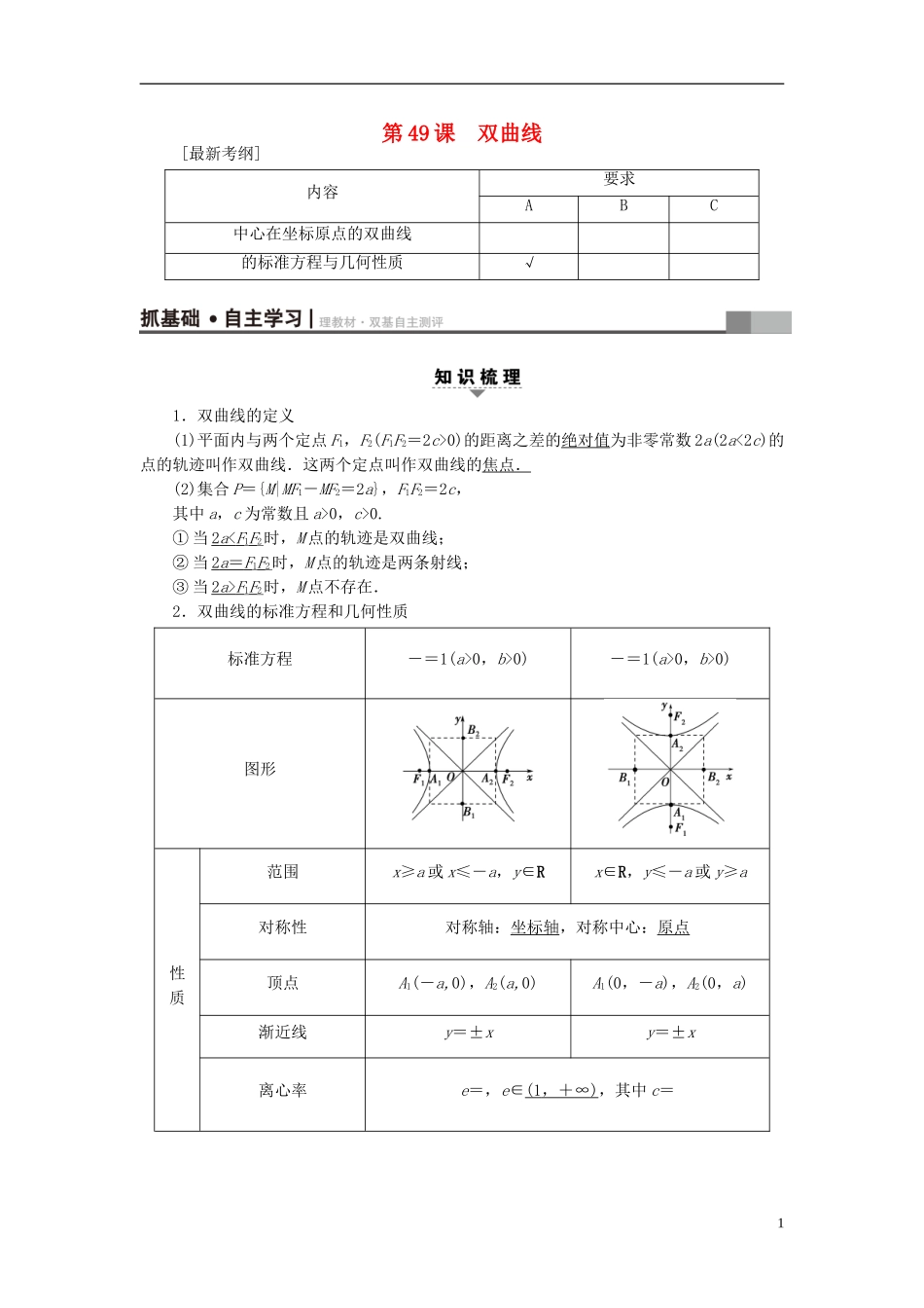 （江苏专用）高考数学一轮复习 第九章 平面解析几何 第49课 双曲线教师用书-人教版高三全册数学试题_第1页