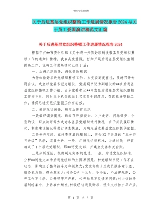 关于后进基层党组织整顿工作进展情况报告2024与关于员工爱国演讲稿范文汇编