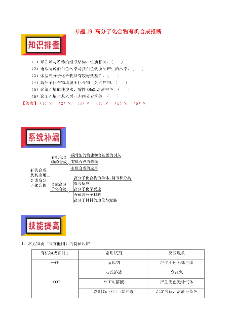 备考高考化学150天全方案之排查补漏提高 专题19 高分子化合物有机合成推断讲义-人教版高三全册化学试题_第1页