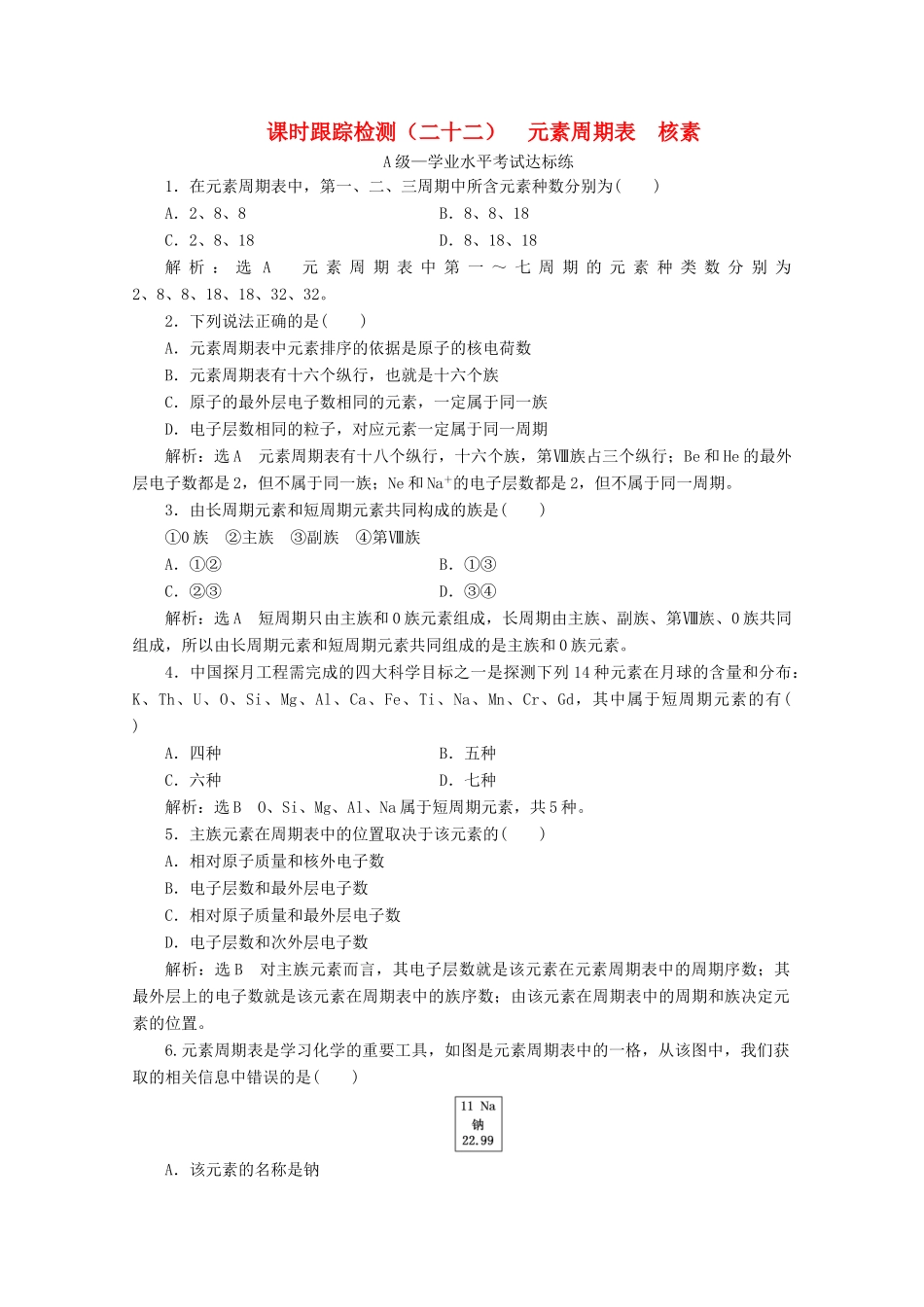 高中化学 课时跟踪检测（二十二）元素周期表 核素（含解析）新人教版必修第一册-新人教版高一第一册化学试题_第1页