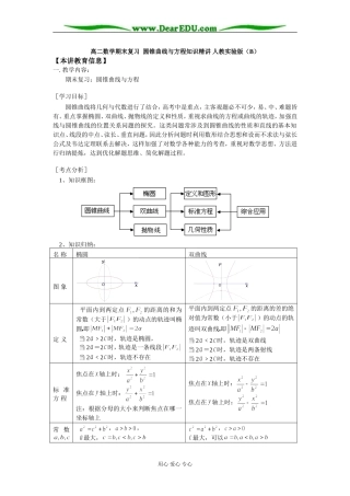 高二数学期末复习 圆锥曲线与方程知识精讲 人教实验版（B）