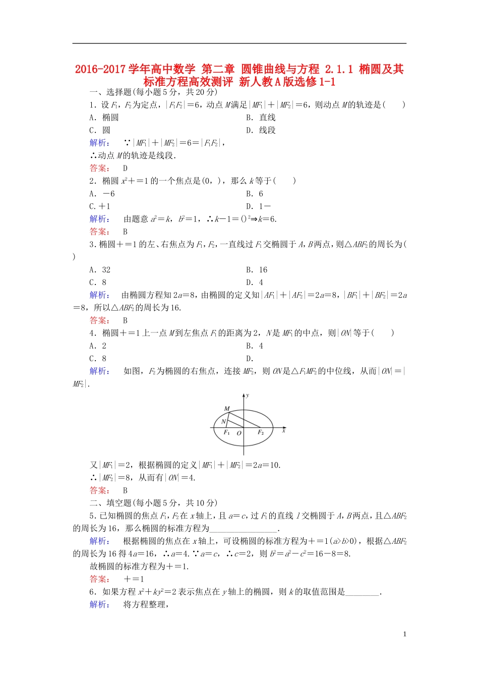 高中数学 第二章 圆锥曲线与方程 2.1.1 椭圆及其标准方程高效测评 新人教A版选修1-1-新人教A版高二选修1-1数学试题_第1页
