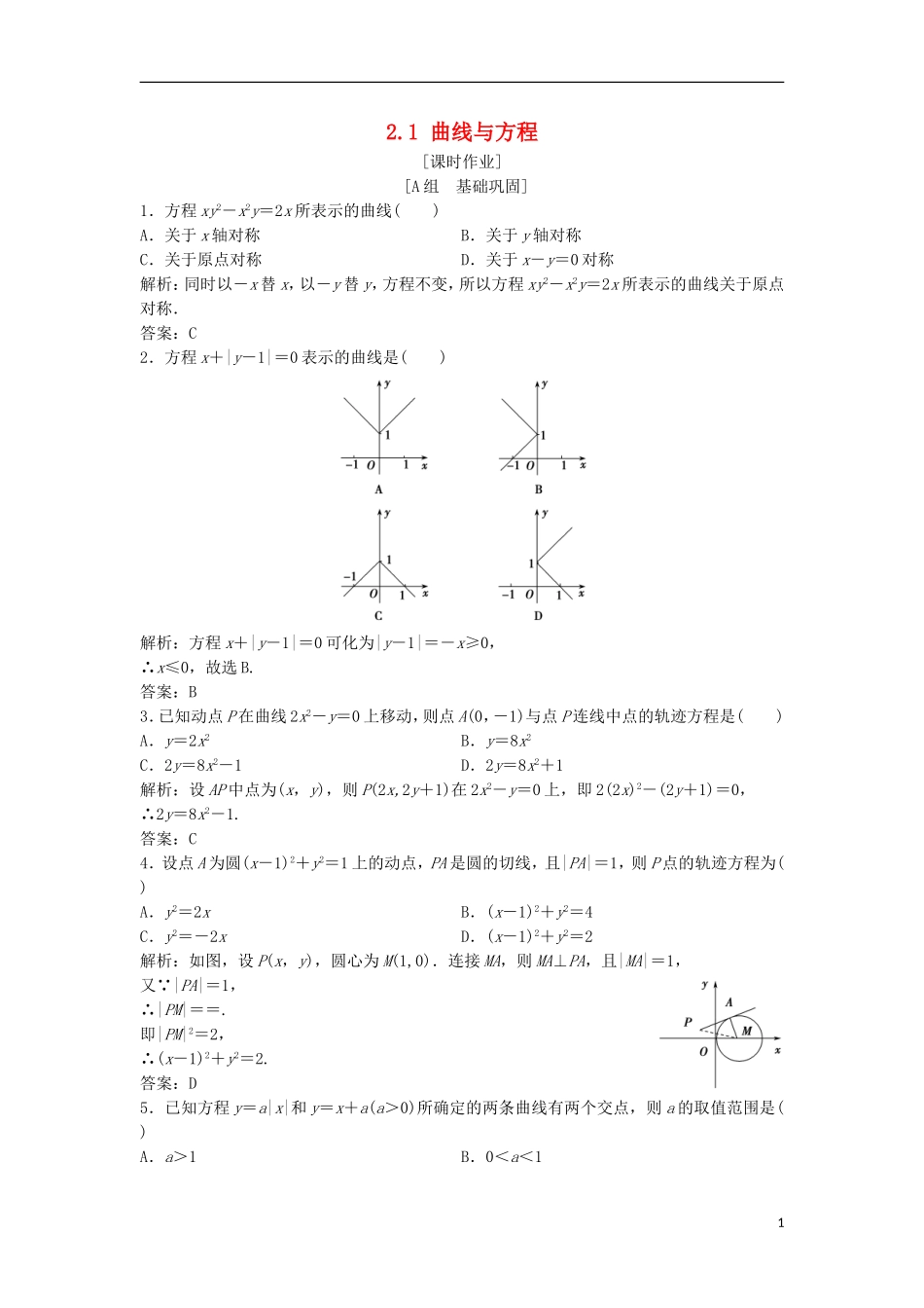 高中数学 第二章 圆锥曲线与方程 2.1 曲线与方程优化练习 新人教A版选修2-1-新人教A版高二选修2-1数学试题_第1页