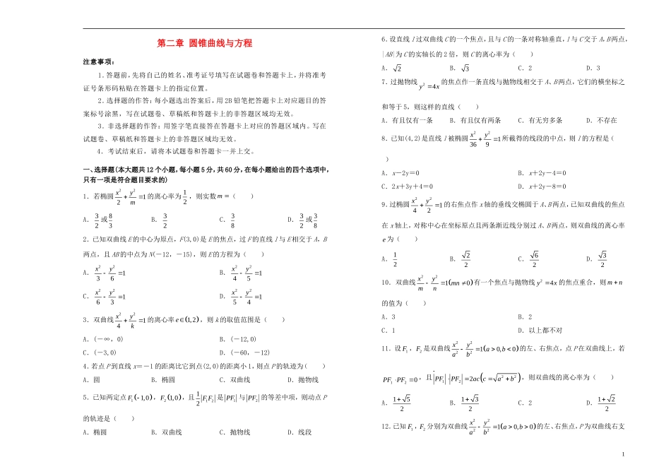 高中数学 第二章 圆锥曲线与方程单元测试（一）新人教A版选修1-1-新人教A版高二选修1-1数学试题_第1页