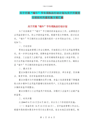 关于开展“端午”节专项执法行动计划与关于开展党支部结对共建实施方案汇编