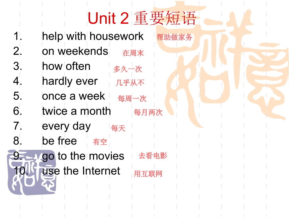 人教新目标八年级上册Unit2重要短语复习课件_第1页
