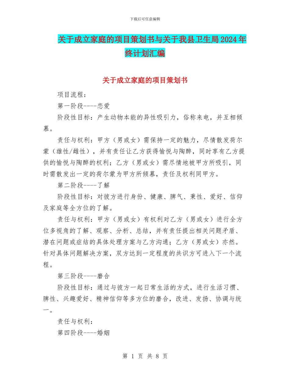 关于成立家庭的项目策划书与关于我县卫生局2024年终计划汇编_第1页