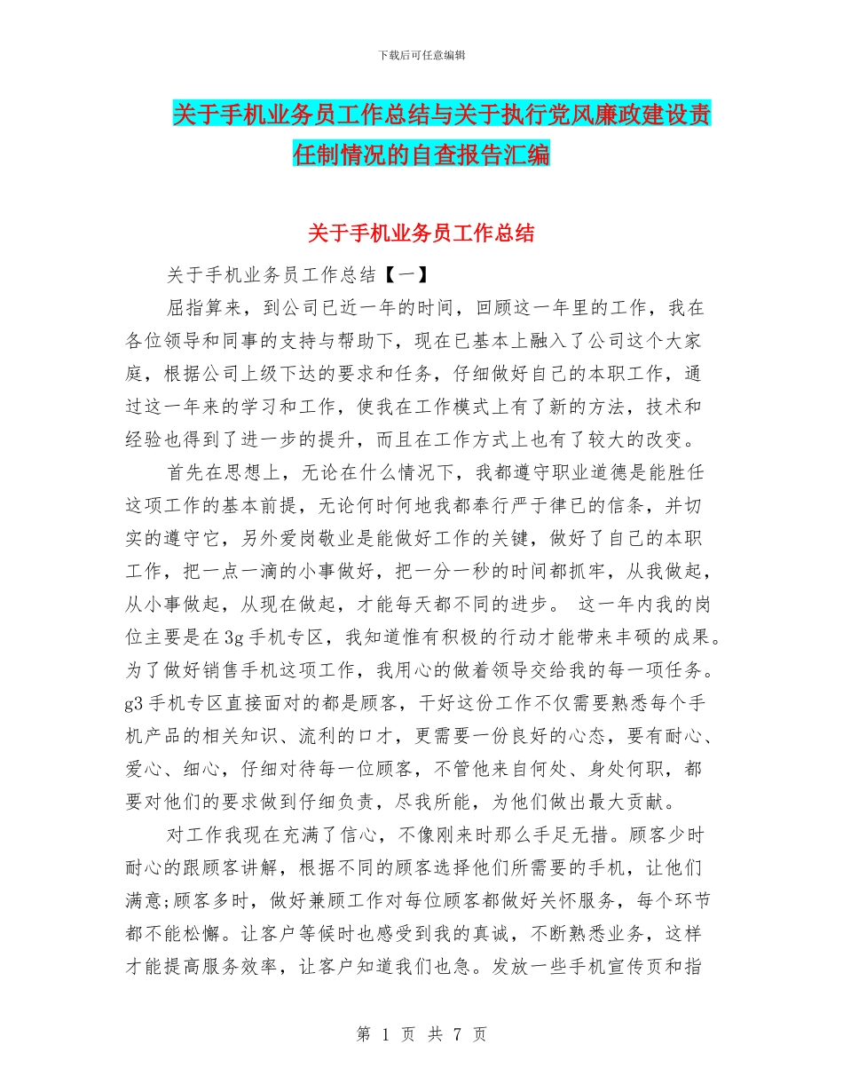 关于手机业务员工作总结与关于执行党风廉政建设责任制情况的自查报告汇编_第1页
